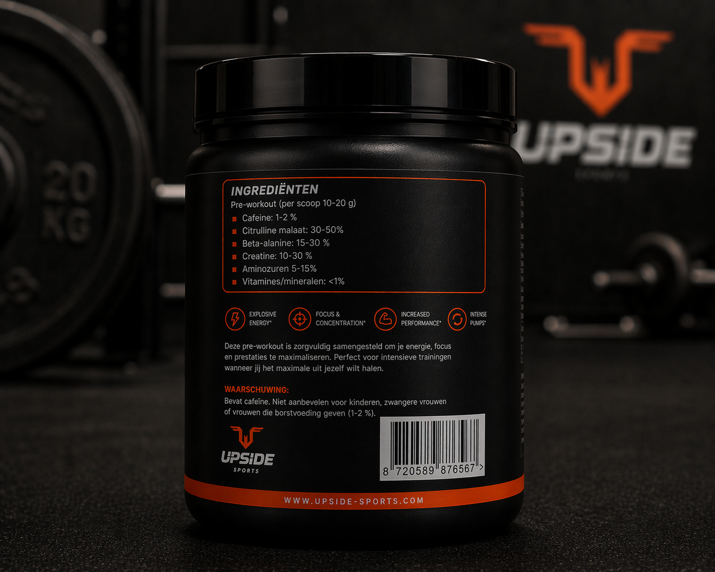 Upside Sports pre-workout achterkant verpakking