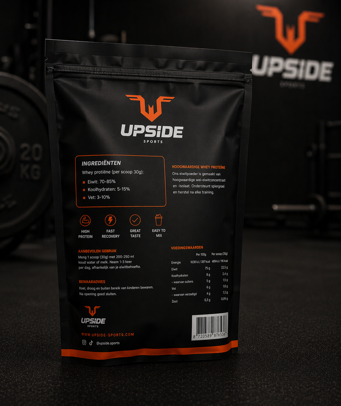 Upside Sports whey achterkant verpakking